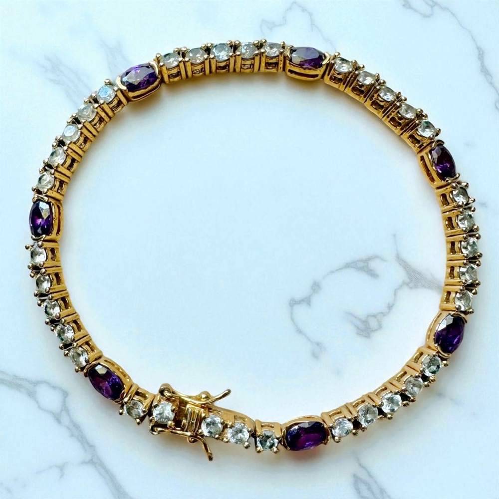 Gold Over Sterling 925 Amethyst & zirconia Tennis Bracelet 7”